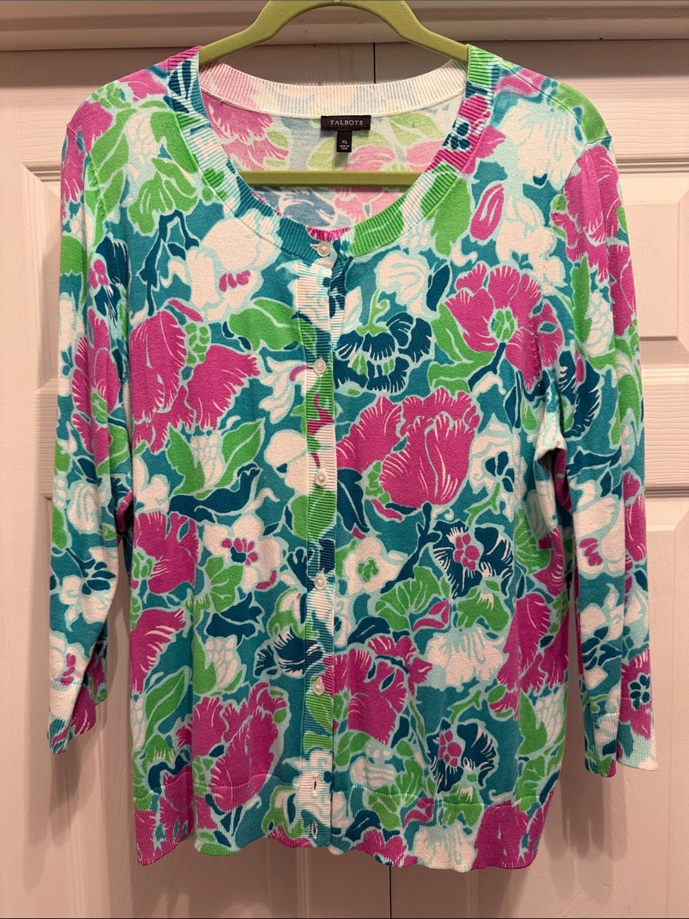 Talbots Floral Button-Front Cardigan - Pink, Teal, Green